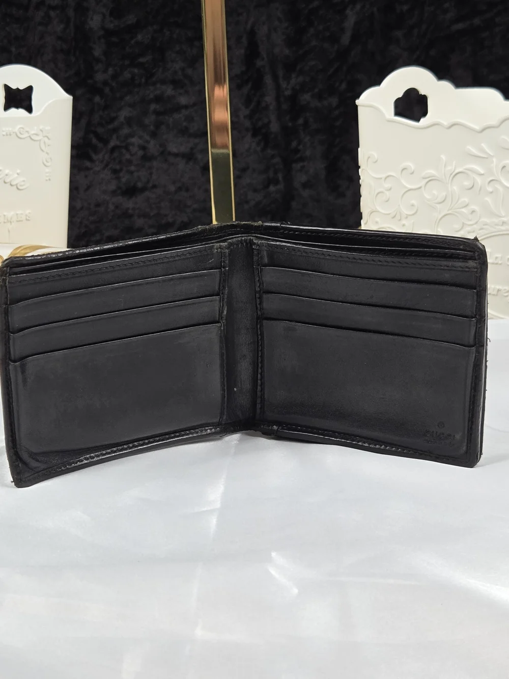 Authentic Gucci Black GG Canvas Bifold Wallet Hidden Coin Pouch Leather